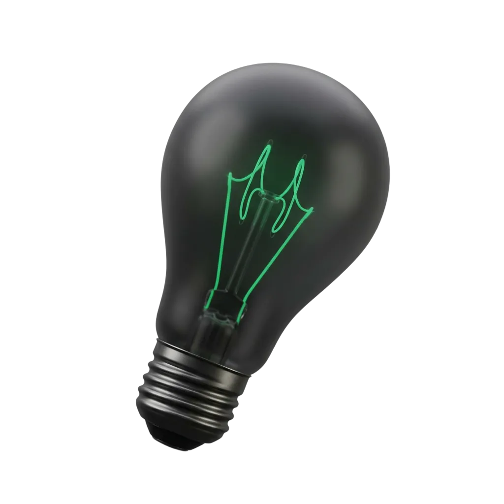 3D lightbulb with green filament representing AI
